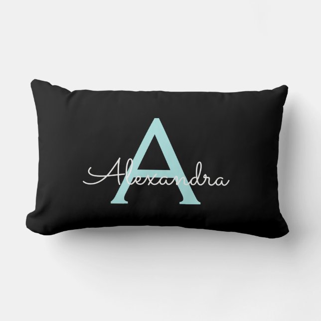 Aqua Teal Blue Script Girly Monogram Name Lumbar Cushion (Front)