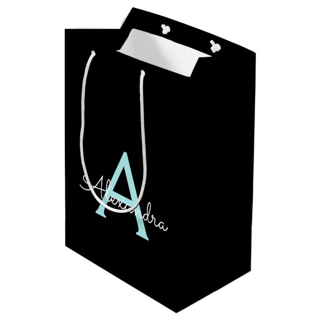 Aqua Teal Blue Script Girly Monogram Name Medium Gift Bag (Back Angled)