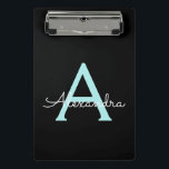 Aqua Teal Blue Script Girly Monogram Name Mini Clipboard<br><div class="desc">Black and Aqua Teal Blue Name Planning Clipboard. This makes the perfect sweet 16 birthday,  wedding,  bridal shower,  anniversary,  baby shower or bachelorette party gift for someone that loves glam luxury and chic styles.</div>
