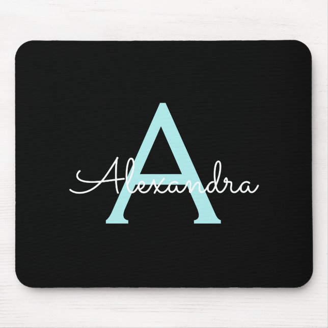 Aqua Teal Blue Script Girly Monogram Name Mouse Pad (Front)