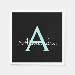 Aqua Teal Blue Script Girly Monogram Name Napkin