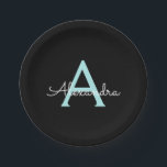 Aqua Teal Blue Script Girly Monogram Name Paper Plate<br><div class="desc">Aqua Teal Blue and Black Monogram Add Your Own Name Script Party Plates. This makes the perfect sweet 16 birthday,  wedding,  bridal shower,  anniversary,  baby shower or bachelorette party gift for someone that loves glam luxury and chic styles.</div>