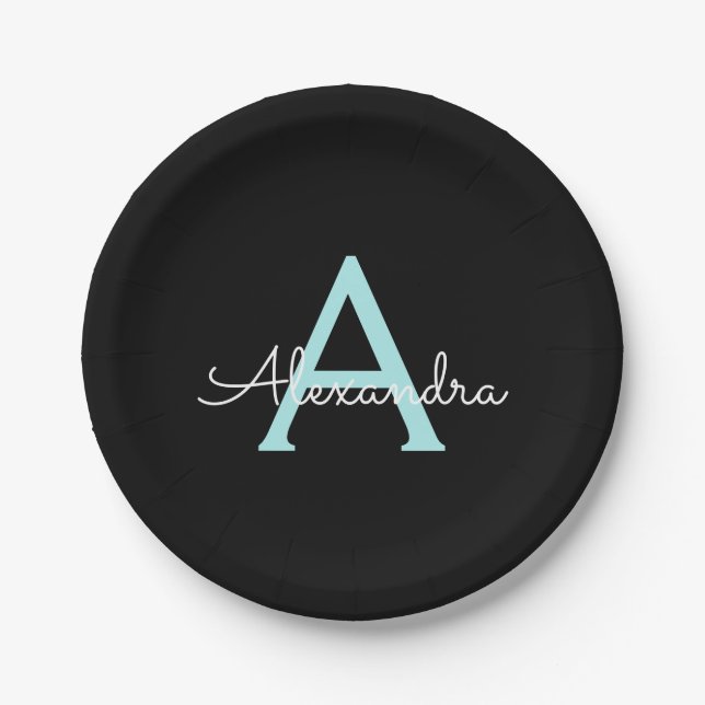 Aqua Teal Blue Script Girly Monogram Name Paper Plate (Front)