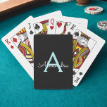 Aqua Teal Blue Script Girly Monogram Name Playing Cards<br><div class="desc">Black and Aqua Blue Teal Simple Script Monogram Name Playing Cards. This makes the perfect sweet 16 birthday,  wedding,  bridal shower,  anniversary,  baby shower or bachelorette party gift for someone that loves glam luxury and chic styles.</div>