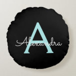 Aqua Teal Blue Script Girly Monogram Name Round Cushion<br><div class="desc">Black and Aqua Teal Blue Simple Script Monogram Name Pouf Pillow. The pillow makes the perfect sweet 16 birthday,  wedding,  bridal shower,  baby shower or bachelorette party gift for someone decorating her room in rose gold.</div>