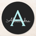 Aqua Teal Blue Script Girly Monogram Name Round Paper Coaster<br><div class="desc">Black and aqua Teal Blue Simple Script Monogram Name Paper Coasters. This makes the perfect graduation,  birthday,  wedding,  bridal shower,  anniversary,  baby shower or bachelorette party gift for someone that loves glam luxury and chic styles.</div>