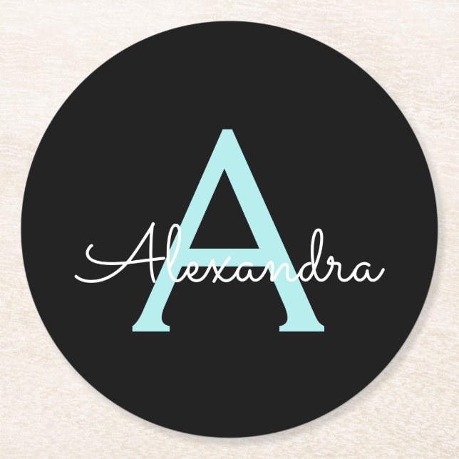 Aqua Teal Blue Script Girly Monogram Name Round Paper Coaster (Front)