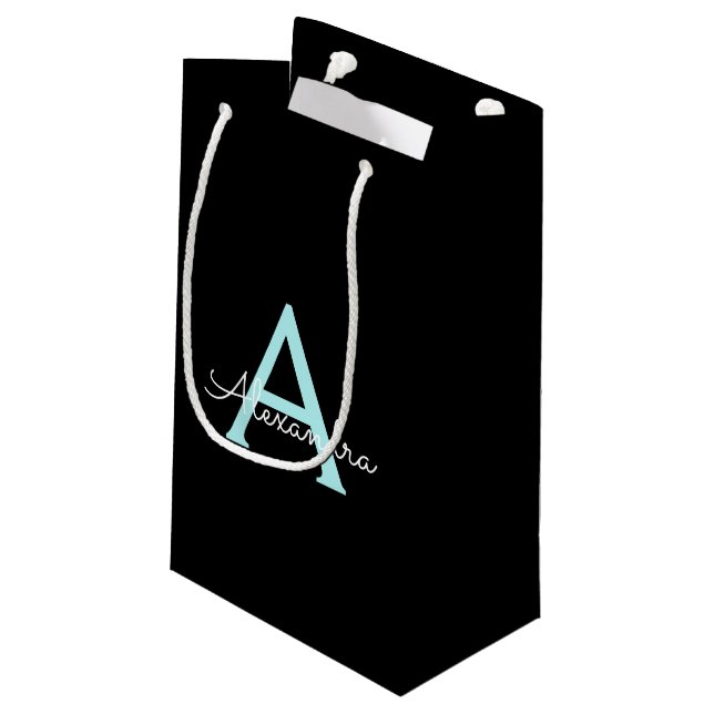Aqua Teal Blue Script Girly Monogram Name Small Gift Bag (Back Angled)