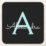 Aqua Teal Blue Script Girly Monogram Name Square Paper Coaster<br><div class="desc">Black and Aqua al Blue Simple Script Monogram Name Paper Coasters. This makes the perfect graduation,  birthday,  wedding,  bridal shower,  anniversary,  baby shower or bachelorette party gift for someone that loves glam luxury and chic styles.</div>