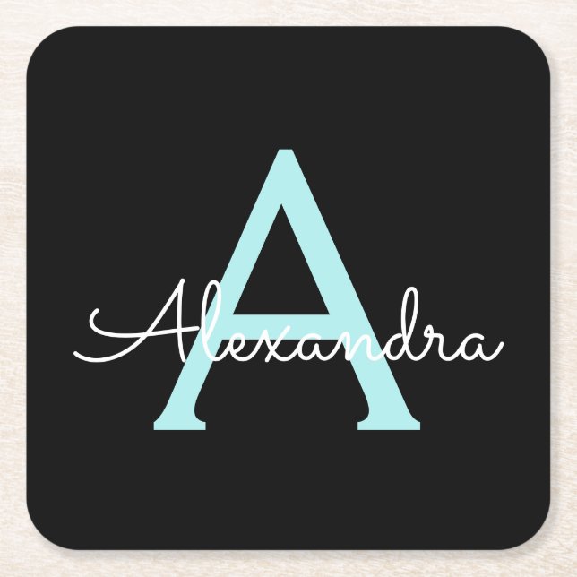 Aqua Teal Blue Script Girly Monogram Name Square Paper Coaster (Front)