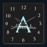 Aqua Teal Blue Script Girly Monogram Name Square Wall Clock<br><div class="desc">Aqua Blue Teal and Black Script Monogram Name Clock. This makes the perfect sweet 16 birthday,  wedding,  bridal shower,  anniversary,  baby shower or bachelorette party gift for someone that loves glam luxury and chic styles.</div>