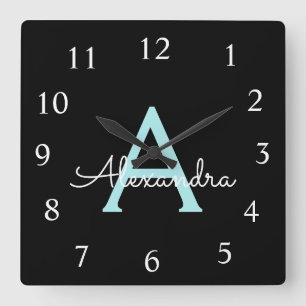Aqua Teal Blue Script Girly Monogram Name Square Wall Clock