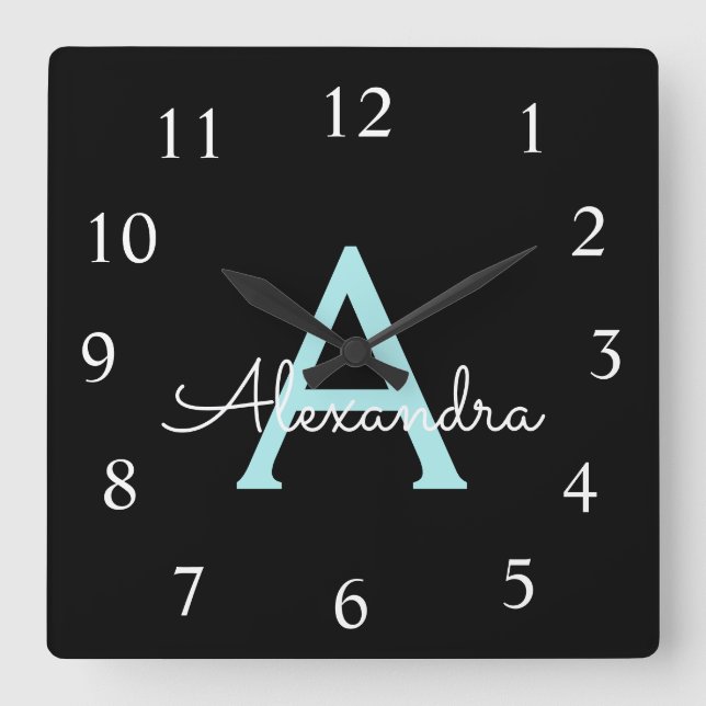 Aqua Teal Blue Script Girly Monogram Name Square Wall Clock (Front)