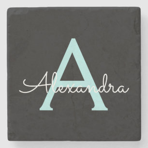 Aqua Teal Blue Script Girly Monogram Name Stone Coaster