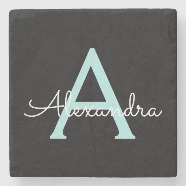 Aqua Teal Blue Script Girly Monogram Name Stone Coaster (Front)