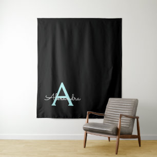 Aqua Teal Blue Script Girly Monogram Name Tapestry