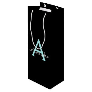 Aqua Teal Blue Script Girly Monogram Name Wine Gift Bag