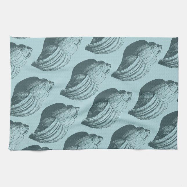Aqua Teal Blue Sea Shells Tea Towel (Horizontal)