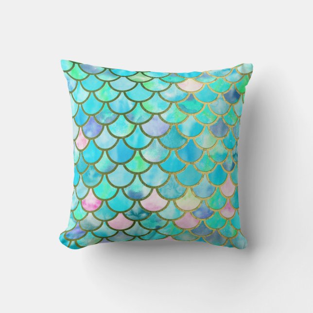 Aqua Teal Blue Watercolor Mermaid Scales Pattern Cushion (Front)