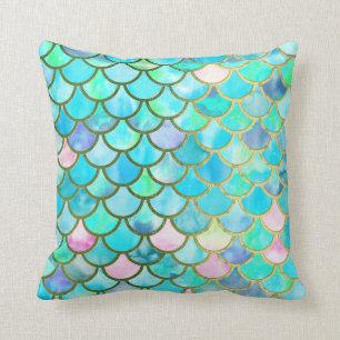 Aqua Teal Blue Watercolor Mermaid Scales Pattern Cushion