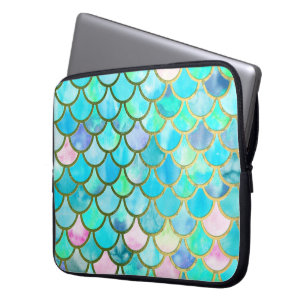 Aqua Teal Blue Watercolor Mermaid Scales Pattern Laptop Sleeve