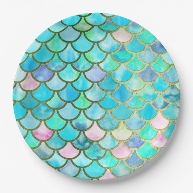 Aqua Teal Blue Watercolor Mermaid Scales Pattern Paper Plate (Front)