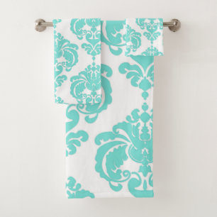 Aqua Teal Blue & White Royal Glam Damask Bath Towel Set