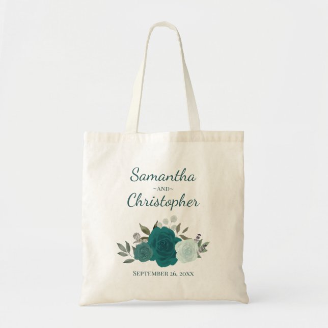 Aqua & Teal Boho Roses Couple's Names Wedding  Tote Bag (Front)