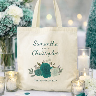 Aqua & Teal Boho Roses Couple's Names Wedding Tote Bag