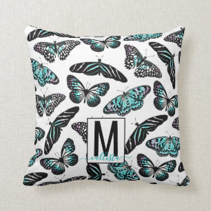 Aqua Teal Butterflies Watercolor Pattern Monogram Cushion