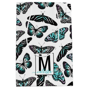 Aqua Teal Butterflies Watercolor Pattern Monogram Medium Gift Bag