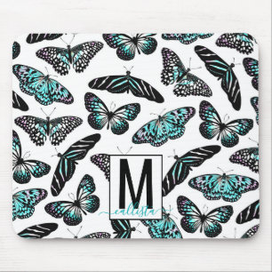 Aqua Teal Butterflies Watercolor Pattern Monogram Mouse Pad