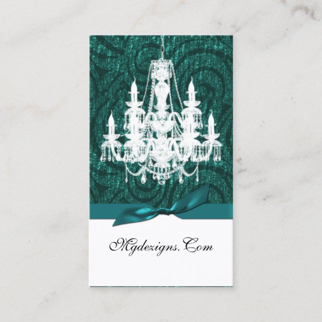 aqua teal damask chandelier Chic Business Cards (Front)