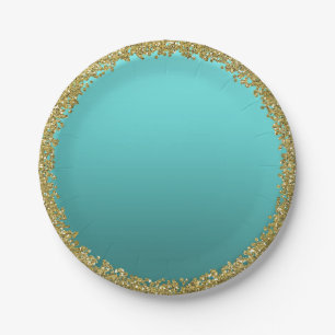 Aqua Teal Dipped Gold Glitter Glam Sparkle Party Paper Plate