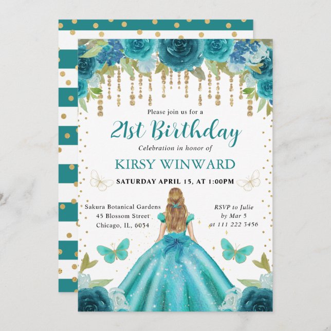 Aqua & Teal Dress Blonde Princess 21st Birthday Invitation (Front/Back)