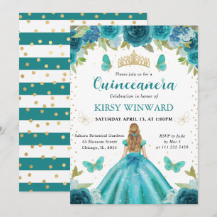 Aqua & Teal Dress Blonde Princess Quinceanera Invitation
