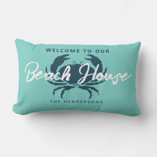Aqua Teal Family Name Beach House Nautical Outdoor Lumbar Cushion