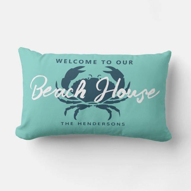 Aqua Teal Family Name Beach House Nautical Outdoor Lumbar Cushion (Front)