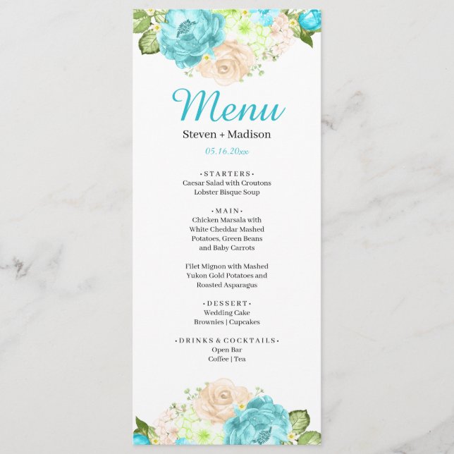 Aqua Teal Floral Beach Wedding Dinner Menu (Front)