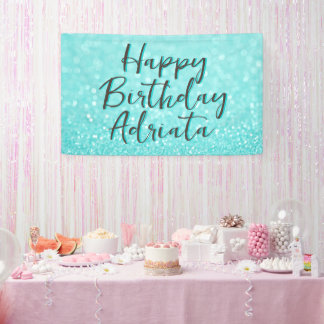 Aqua Teal Glitter Happy Birthday Personalised Banner