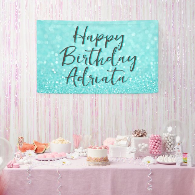 Aqua Teal Glitter Happy Birthday Personalised Banner (Party)