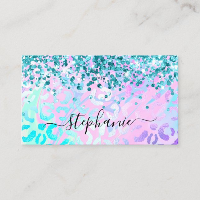 Aqua Teal Glitter Iridescent Leopard Business Card (Front)