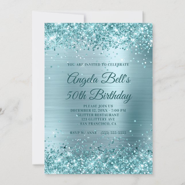 Aqua Teal Glitter Pale Blue Foil 50th Birthday Invitation (Back)