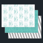 Aqua Teal Glitter Sweet 16 Personalised Turquoise Wrapping Paper Sheet<br><div class="desc">A set of sweet 16 birthday party wrapping paper sheets with turquoise aqua blue glitter and one sheet personalised with the name of the birthday girl turning sixteen. Type the name once and it will fill in the repeating pattern of large gold 16 and "Happy Birthday" text.</div>