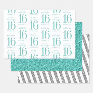 Aqua Teal Glitter Sweet 16 Personalised Turquoise Wrapping Paper Sheet