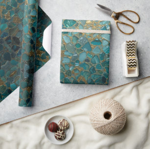 Aqua Teal Gold Mosaic Watercolor Sea Glass pattern Wrapping Paper