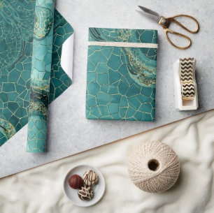 Aqua Teal Gold Mosaic Watercolor Sea Glass pattern Wrapping Paper