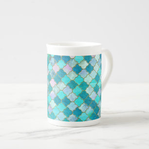 Aqua Teal Gold Oriental Moroccan Tile pattern Bone China Mug