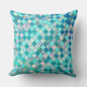 Aqua Teal Gold Oriental Moroccan Tile pattern Cushion