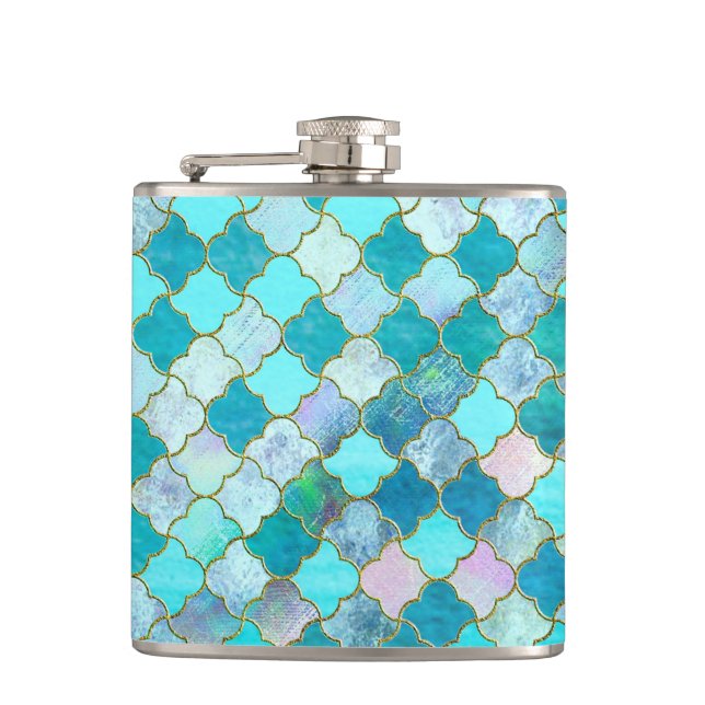 Aqua Teal Gold Oriental Moroccan Tile pattern Hip Flask (Front)
